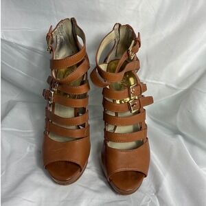Michael Kors Tan Leather Strappy Gladiator Platform Heels Brown Gold Buckle 9.5M